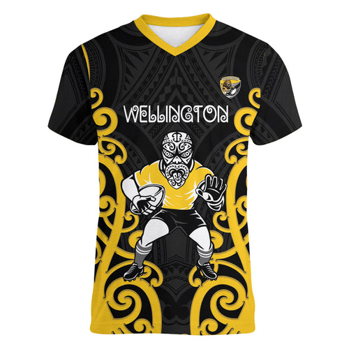 Wellington Custom Rugby New Zealand Women V-Neck T-Shirt Aotearoa Maori Pukana Tiki Mascot