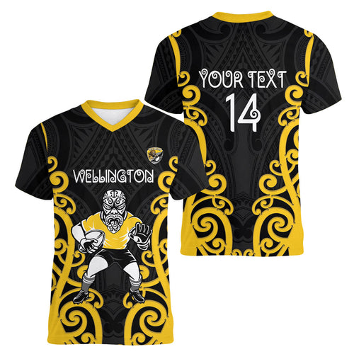 Wellington Custom Rugby New Zealand Women V-Neck T-Shirt Aotearoa Maori Pukana Tiki Mascot