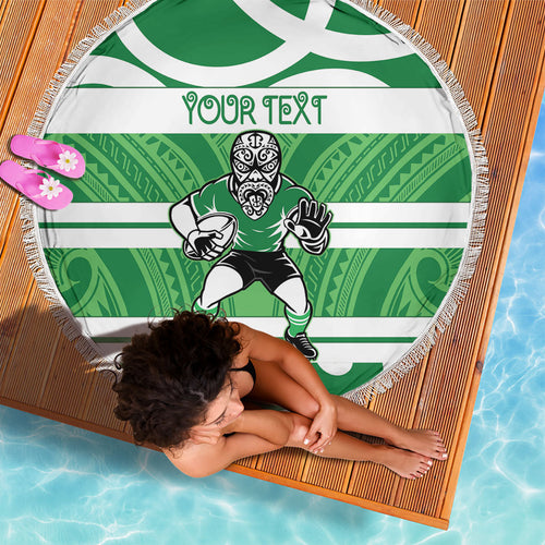 Manawatu Custom Rugby New Zealand Beach Blanket Aotearoa Maori Pukana Tiki Mascot