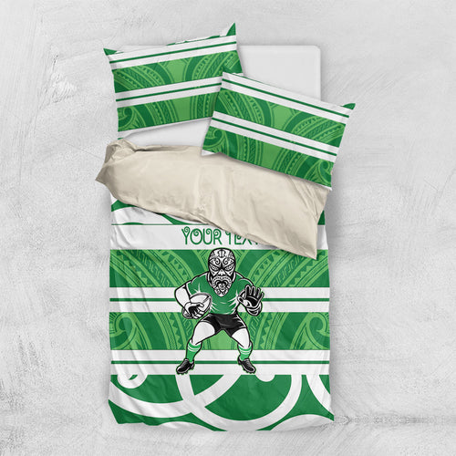 Manawatu Custom Rugby New Zealand Bedding Set Aotearoa Maori Pukana Tiki Mascot