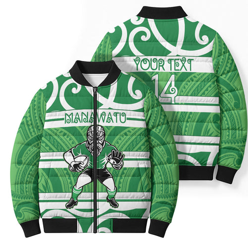 Manawatu Custom Rugby New Zealand Bomber Puffer Jacket Aotearoa Maori Pukana Tiki Mascot