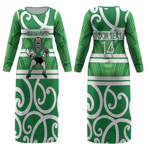 Manawatu Custom Rugby New Zealand Couples Matching Long Sleeve Bodycon Dress and Long Sleeve Button Shirt Aotearoa Maori Pukana Tiki Mascot