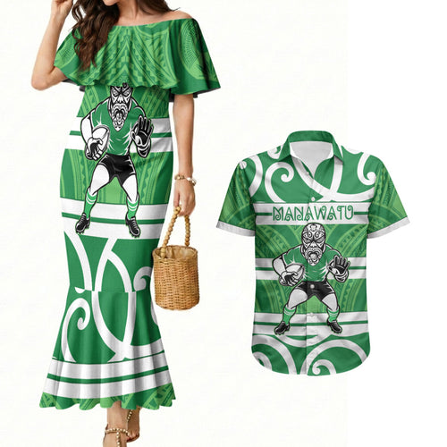 Manawatu Custom Rugby New Zealand Couples Matching Mermaid Dress and Hawaiian Shirt Aotearoa Maori Pukana Tiki Mascot