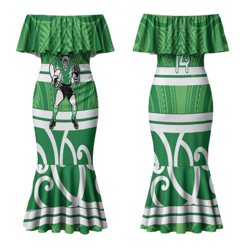 Manawatu Custom Rugby New Zealand Couples Matching Mermaid Dress and Hawaiian Shirt Aotearoa Maori Pukana Tiki Mascot