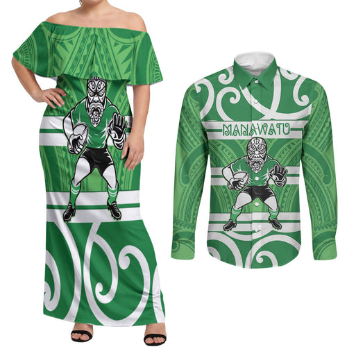 Manawatu Custom Rugby New Zealand Couples Matching Off Shoulder Maxi Dress and Long Sleeve Button Shirt Aotearoa Maori Pukana Tiki Mascot