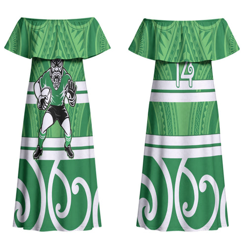 Manawatu Custom Rugby New Zealand Couples Matching Off Shoulder Maxi Dress and Long Sleeve Button Shirt Aotearoa Maori Pukana Tiki Mascot
