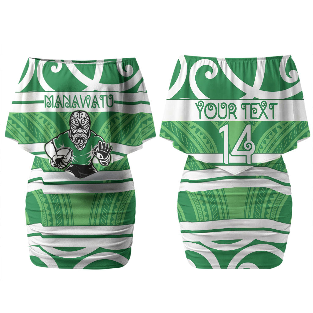 Manawatu Custom Rugby New Zealand Couples Matching Off Shoulder Short Dress and Hawaiian Shirt Aotearoa Maori Pukana Tiki Mascot