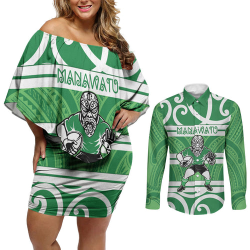 Manawatu Custom Rugby New Zealand Couples Matching Off Shoulder Short Dress and Long Sleeve Button Shirt Aotearoa Maori Pukana Tiki Mascot