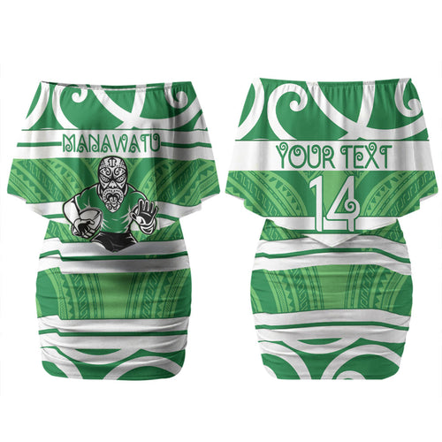 Manawatu Custom Rugby New Zealand Couples Matching Off Shoulder Short Dress and Long Sleeve Button Shirt Aotearoa Maori Pukana Tiki Mascot