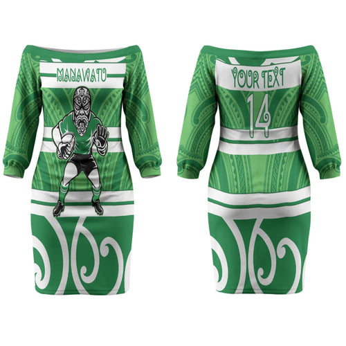 Manawatu Custom Rugby New Zealand Couples Matching Off The Shoulder Long Sleeve Dress and Long Sleeve Button Shirt Aotearoa Maori Pukana Tiki Mascot