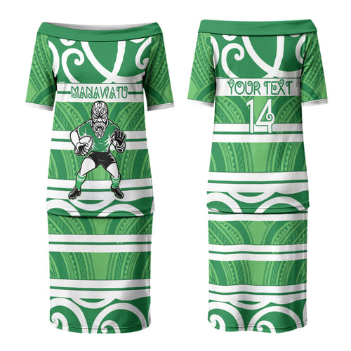 Manawatu Custom Rugby New Zealand Couples Matching Puletasi and Long Sleeve Button Shirt Aotearoa Maori Pukana Tiki Mascot