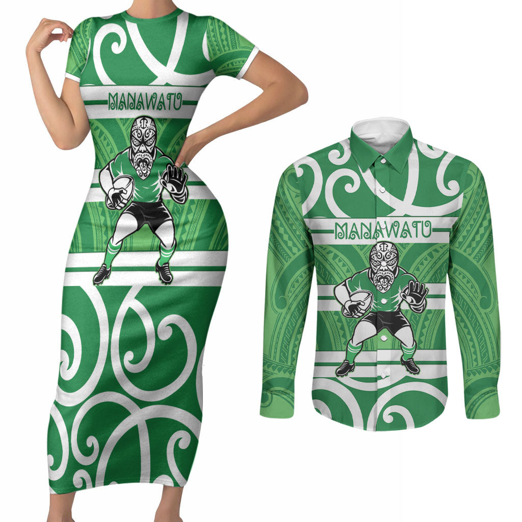 Manawatu Custom Rugby New Zealand Couples Matching Short Sleeve Bodycon Dress and Long Sleeve Button Shirt Aotearoa Maori Pukana Tiki Mascot