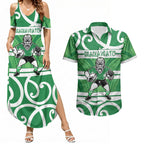 Manawatu Custom Rugby New Zealand Couples Matching Summer Maxi Dress and Hawaiian Shirt Aotearoa Maori Pukana Tiki Mascot