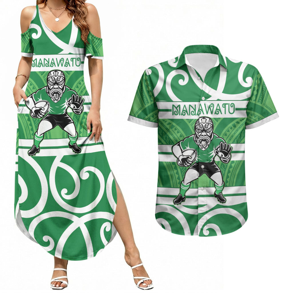 Manawatu Custom Rugby New Zealand Couples Matching Summer Maxi Dress and Hawaiian Shirt Aotearoa Maori Pukana Tiki Mascot