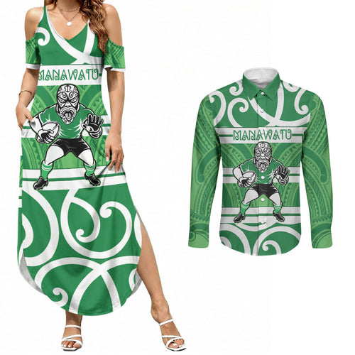 Manawatu Custom Rugby New Zealand Couples Matching Summer Maxi Dress and Long Sleeve Button Shirt Aotearoa Maori Pukana Tiki Mascot