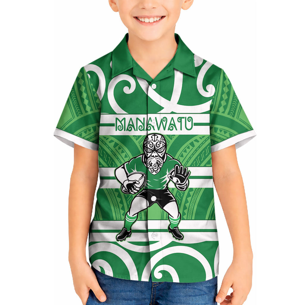 Manawatu Custom Rugby New Zealand Kid Hawaiian Shirt Aotearoa Maori Pukana Tiki Mascot
