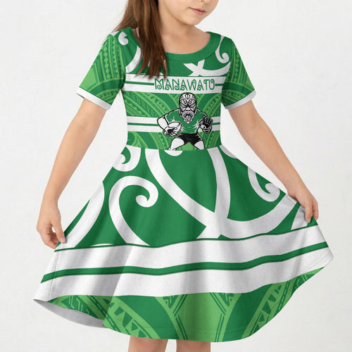 Manawatu Custom Rugby New Zealand Kid Short Sleeve Dress Aotearoa Maori Pukana Tiki Mascot