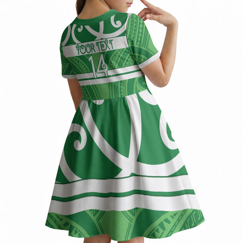 Manawatu Custom Rugby New Zealand Kid Short Sleeve Dress Aotearoa Maori Pukana Tiki Mascot