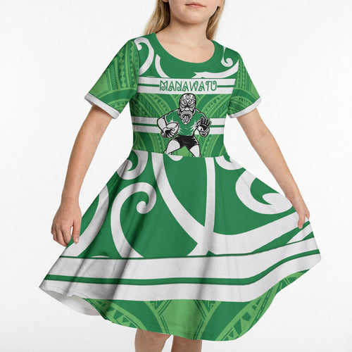 Manawatu Custom Rugby New Zealand Kid Short Sleeve Dress Aotearoa Maori Pukana Tiki Mascot