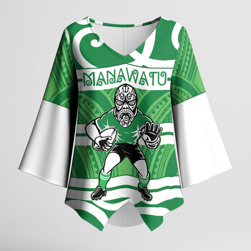 Manawatu Custom Rugby New Zealand Kimono Sleeve Blouse Aotearoa Maori Pukana Tiki Mascot