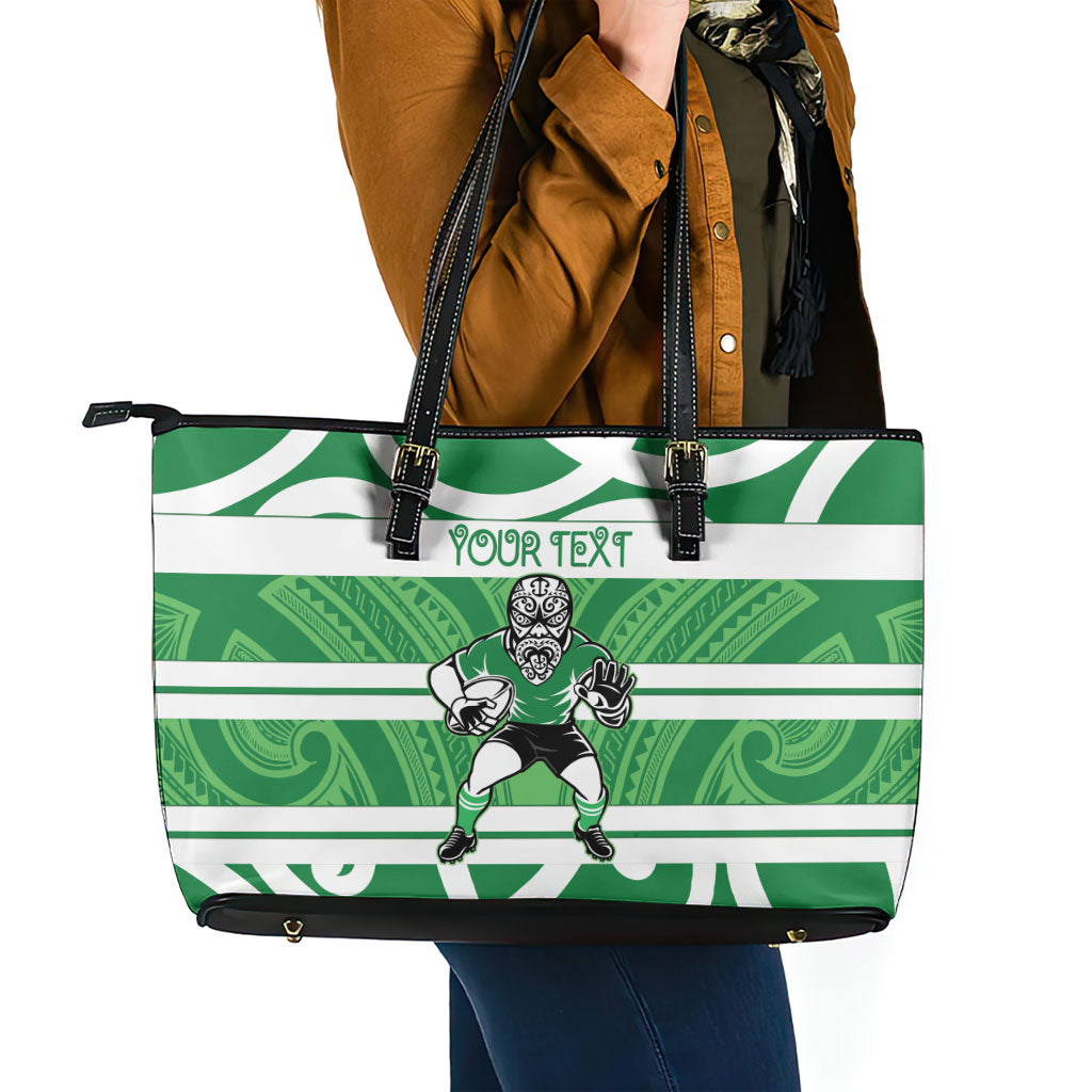 Manawatu Custom Rugby New Zealand Leather Tote Bag Aotearoa Maori Pukana Tiki Mascot