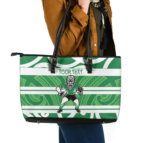 Manawatu Custom Rugby New Zealand Leather Tote Bag Aotearoa Maori Pukana Tiki Mascot
