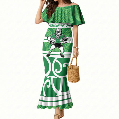 Manawatu Custom Rugby New Zealand Mermaid Dress Aotearoa Maori Pukana Tiki Mascot