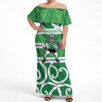 Manawatu Custom Rugby New Zealand Off Shoulder Maxi Dress Aotearoa Maori Pukana Tiki Mascot