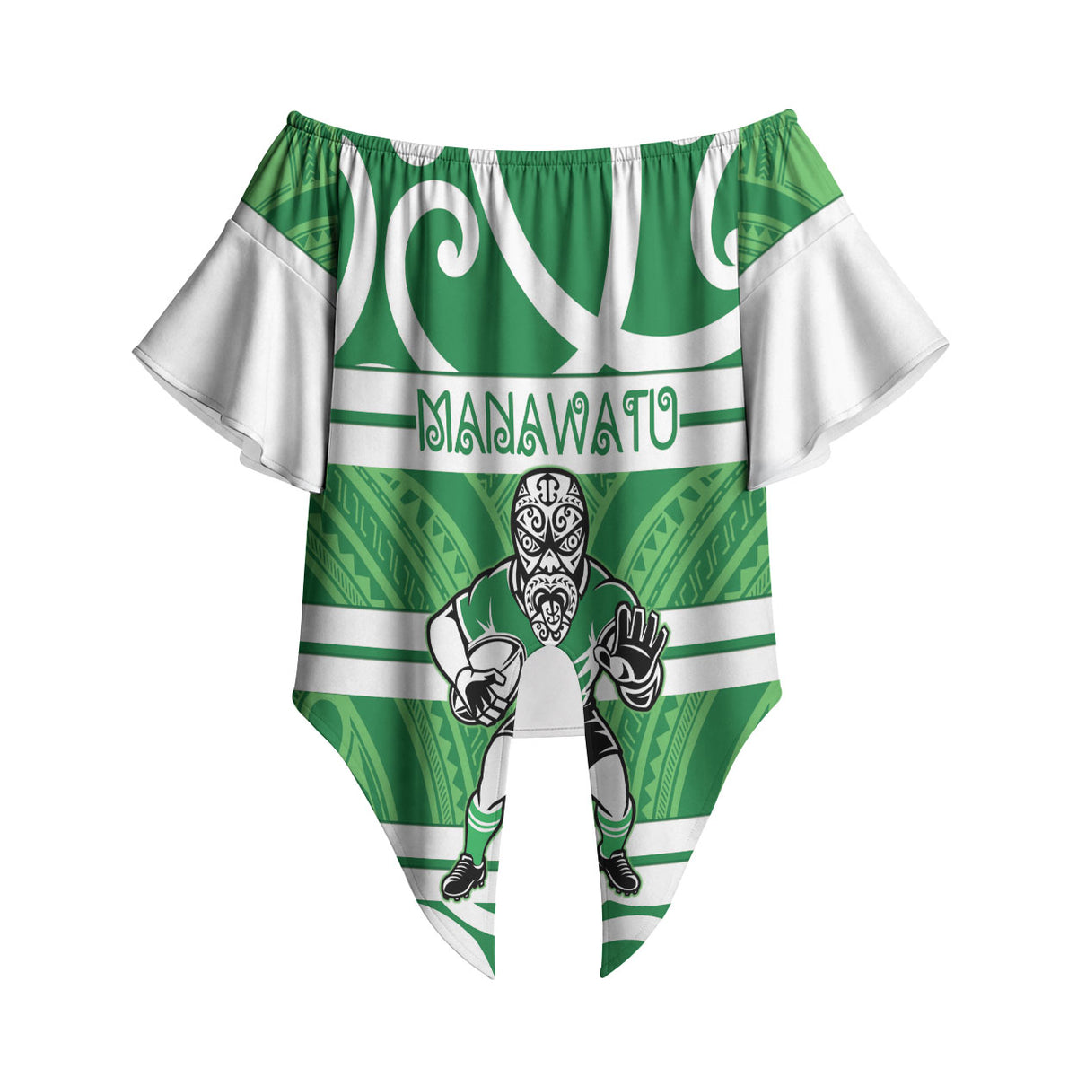 Manawatu Custom Rugby New Zealand Off Shoulder Wrap Waist Top Aotearoa Maori Pukana Tiki Mascot
