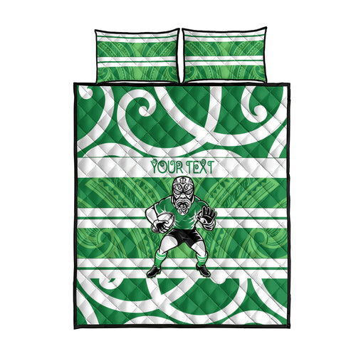 Manawatu Custom Rugby New Zealand Quilt Bed Set Aotearoa Maori Pukana Tiki Mascot