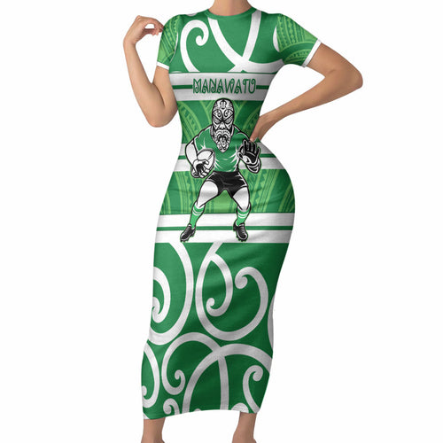 Manawatu Custom Rugby New Zealand Short Sleeve Bodycon Dress Aotearoa Maori Pukana Tiki Mascot