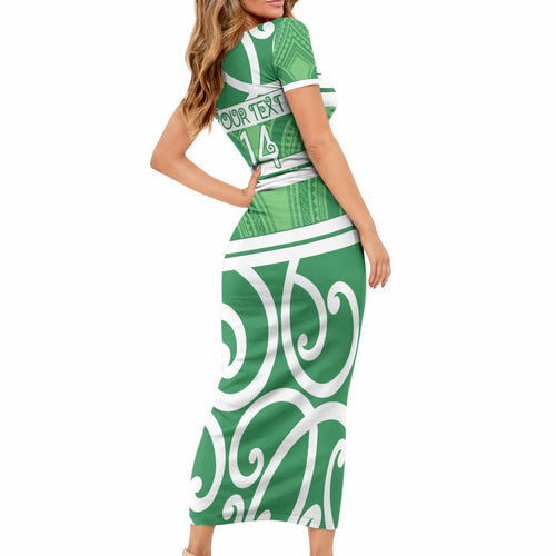 Manawatu Custom Rugby New Zealand Short Sleeve Bodycon Dress Aotearoa Maori Pukana Tiki Mascot