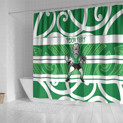 Manawatu Custom Rugby New Zealand Shower Curtain Aotearoa Maori Pukana Tiki Mascot