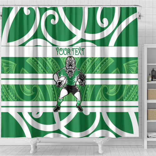 Manawatu Custom Rugby New Zealand Shower Curtain Aotearoa Maori Pukana Tiki Mascot