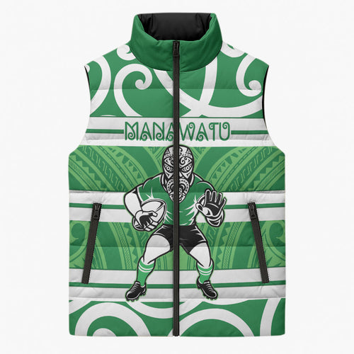 Manawatu Custom Rugby New Zealand Sleeveless Puffer Jacket Aotearoa Maori Pukana Tiki Mascot