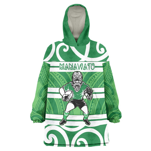 Manawatu Custom Rugby New Zealand Wearable Blanket Hoodie Aotearoa Maori Pukana Tiki Mascot