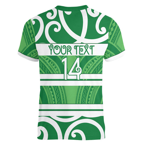 Manawatu Custom Rugby New Zealand Women V-Neck T-Shirt Aotearoa Maori Pukana Tiki Mascot