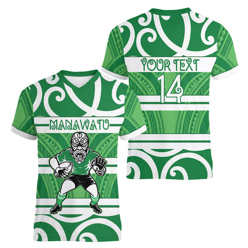 Manawatu Custom Rugby New Zealand Women V-Neck T-Shirt Aotearoa Maori Pukana Tiki Mascot