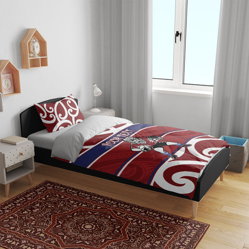 Southland Custom Rugby New Zealand Bedding Set Aotearoa Maori Pukana Tiki Mascot