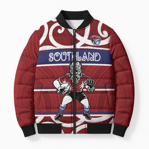 Southland Custom Rugby New Zealand Bomber Puffer Jacket Aotearoa Maori Pukana Tiki Mascot