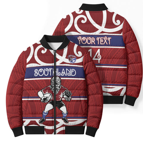 Southland Custom Rugby New Zealand Bomber Puffer Jacket Aotearoa Maori Pukana Tiki Mascot