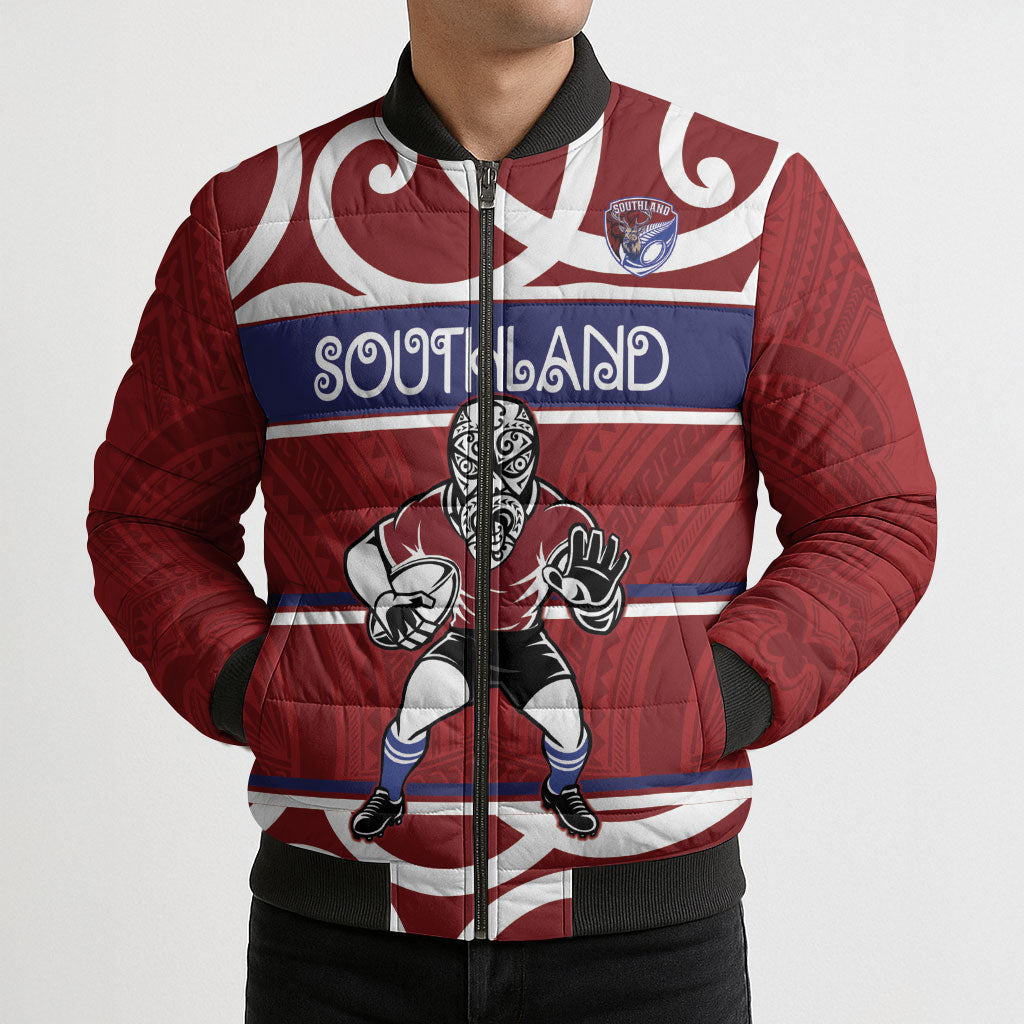 Southland Custom Rugby New Zealand Bomber Puffer Jacket Aotearoa Maori Pukana Tiki Mascot