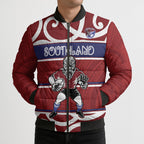 Southland Custom Rugby New Zealand Bomber Puffer Jacket Aotearoa Maori Pukana Tiki Mascot
