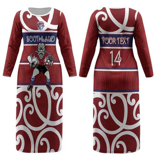 Southland Custom Rugby New Zealand Couples Matching Long Sleeve Bodycon Dress and Long Sleeve Button Shirt Aotearoa Maori Pukana Tiki Mascot
