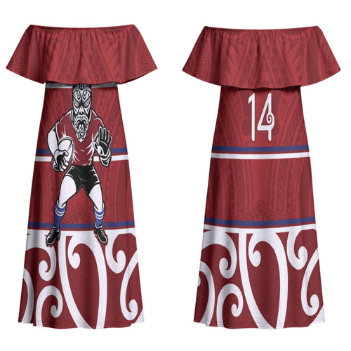 Southland Custom Rugby New Zealand Couples Matching Off Shoulder Maxi Dress and Long Sleeve Button Shirt Aotearoa Maori Pukana Tiki Mascot