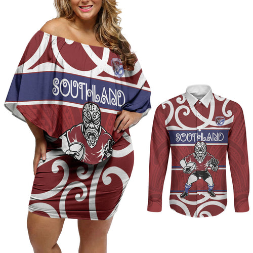 Southland Custom Rugby New Zealand Couples Matching Off Shoulder Short Dress and Long Sleeve Button Shirt Aotearoa Maori Pukana Tiki Mascot