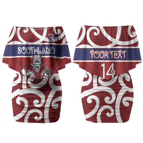 Southland Custom Rugby New Zealand Couples Matching Off Shoulder Short Dress and Long Sleeve Button Shirt Aotearoa Maori Pukana Tiki Mascot