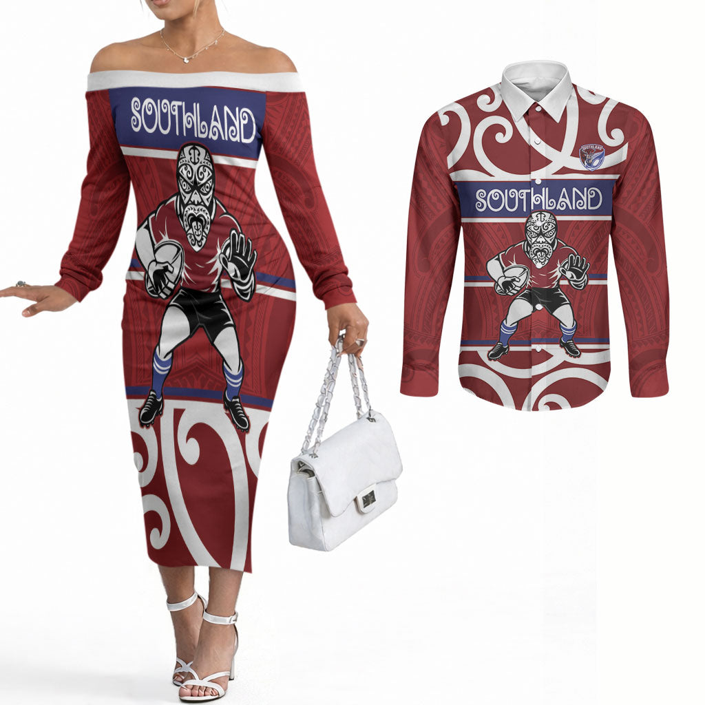 Southland Custom Rugby New Zealand Couples Matching Off The Shoulder Long Sleeve Dress and Long Sleeve Button Shirt Aotearoa Maori Pukana Tiki Mascot