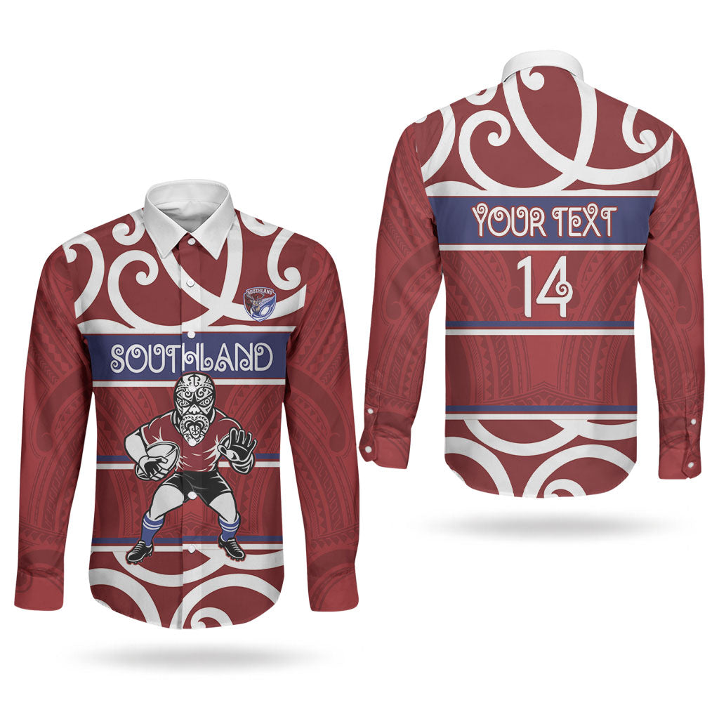 Southland Custom Rugby New Zealand Couples Matching Off The Shoulder Long Sleeve Dress and Long Sleeve Button Shirt Aotearoa Maori Pukana Tiki Mascot