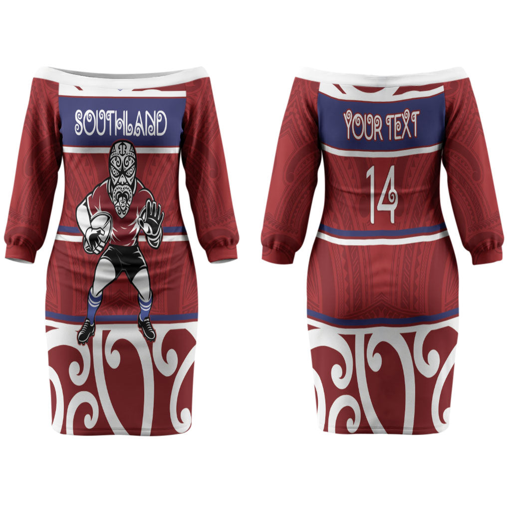 Southland Custom Rugby New Zealand Couples Matching Off The Shoulder Long Sleeve Dress and Long Sleeve Button Shirt Aotearoa Maori Pukana Tiki Mascot